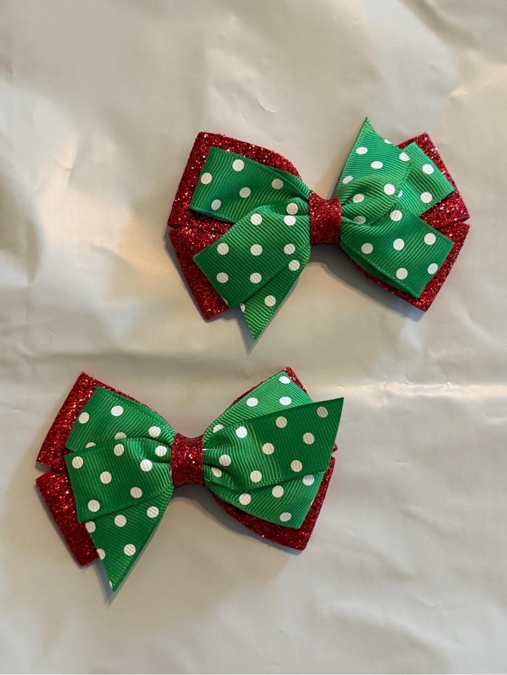Kids Green Polka Dot & Red Glitter Bow Hair Clips